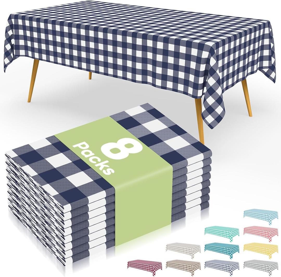 Smiry 8 Packs Gingham Disposable Table Cloth, 54 x 108 Inch Waterproof Plastic Tablecloth, Rectangle Navy and White Checkered Table Covers for Picnic, Birthday, Party