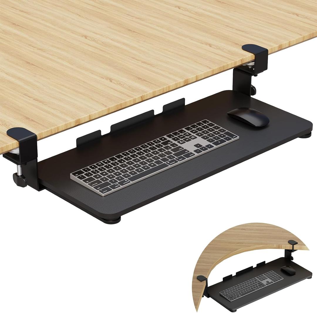 WALI Keyboard Tray Under Desk, Pull-Out Keyboard & Mouse Tray with 45 Adjustable C-Clamp, Ergonomic Platform Computer Drawer for L Shaped & Flat Desk 26.4" x 11.8" (KBT001-B), Black