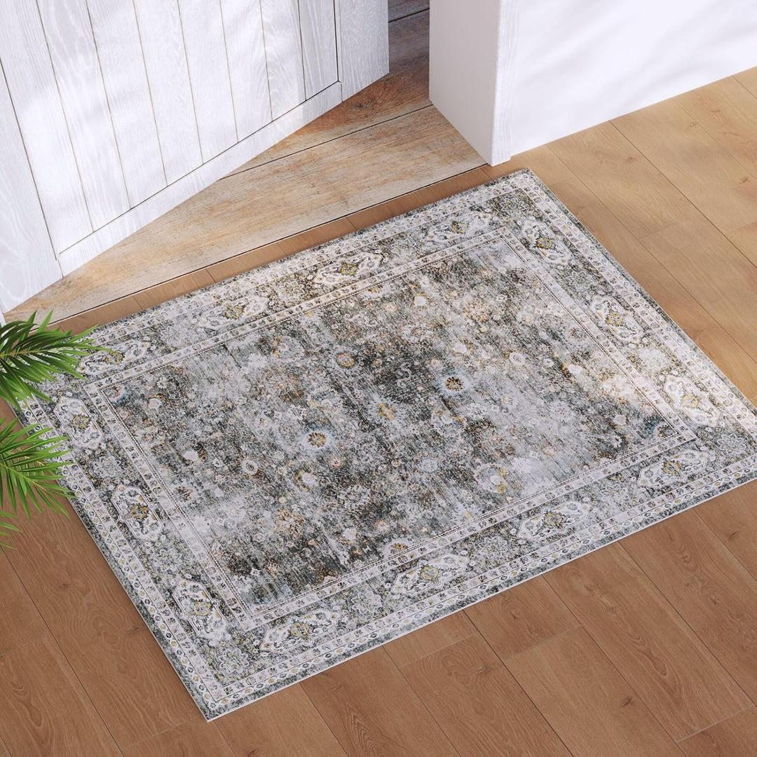 Rugcomf 2x3 Rug Washable Boho Rug Soft Small Area Rug Non-Slip Non-Shedding Faux Wool Vintage Rug for Door Mat, Kitchen, Floor, Entryway, Powder Room (Grey)