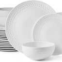 Pfaltzgraff Josephine 24-Piece Dinnerware Set, Porcelain Dish Set with Embossed Basket Weave Design, Service for 8, White Plates and Bowls Sets, Microwave and Dishwasher Safe