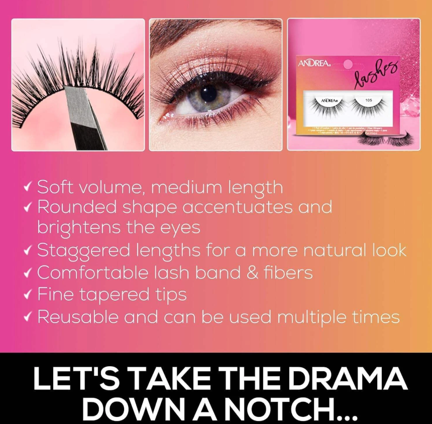 Andrea Strip Lash False Eyelashes Style 105 - Black, Lightweight, Reusable Natural Lashes for Everyday or Glam Looks, Pack Of 4