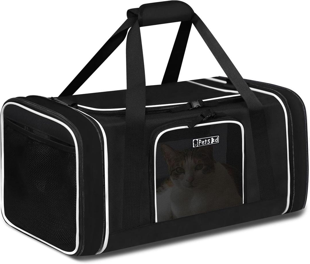 Petskd Length-Expandable Pet Carrier 17x12x8.5 Inches JetBlue Frontier Spirit Airline Approved, Soft Pet Travel Carrier for Small Cats Dogs with Zipper Locks and Anti-Scratch Mesh(Black)