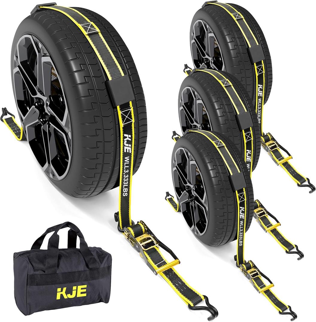 KJE Reflective Car Tie Down Straps for Trailers 4 Pack- Premium Tire Ratchet Strap with (3) J Hooks (3) Rubber Blocks - 2" x 10' 10,000LBS Break Strength - Wheel Straps for Hauling UTV, SUV, Any Cars