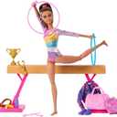 Barbie Gymnastics Doll & Accessories, Playset with Brunette Fashion Doll, C-Clip for Flipping Action, Balance Beam, Warm-Up Suit & More