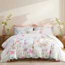 Nayoroom Floral Duvet Cover Set Queen Size Purple Pink Watercolor Flowers Green Plant Leaves Printed on White Comforter Cover 3Pcs Soft Microfiber Garden Style Bedding Set with Zipper Closure