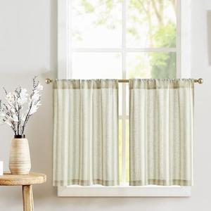 jinchan Striped Linen Kitchen Tier Curtain Farmhouse Cafe 30 Inch Small Window Balanced Stripe Half Window Curtains for Living Room Bathroom Laundry 3 Panels Green on Linen