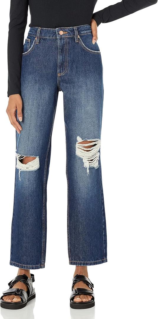 The Drop Women's Luca High-Rise Distressed Loose Straight-Fit (38, Dark Indigo)
