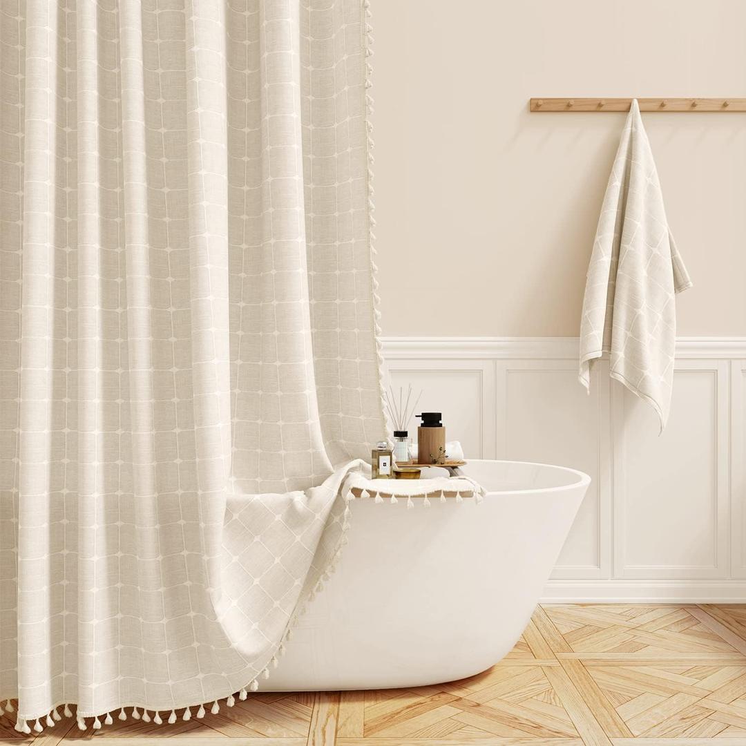 BTTN Extra Long Shower Curtain, 72x84 Inch Long Boho Tassel Linen Fabric Shower Curtain Set with Plastic Hooks, Tall Modern Farmhouse French Country Chic Cloth Shower Curtain for Bathroom, Cream/Beige