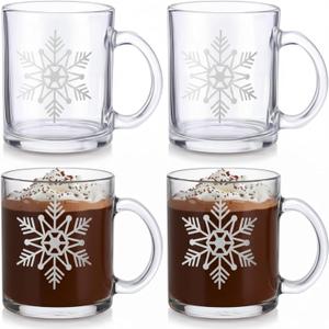 Suclain 4 Pcs Winter Snowflake Glass Mug with Handle 12 oz Christmas Glass Coffee Mugs for Hot Cold Drinks Silver Snowflake Coffee Cups for Tea Winter Xmas Gifts Party Supplies (Sliver)