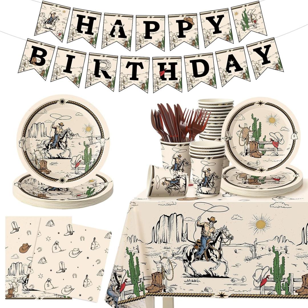 Vesici 171 Pcs Western Birthday Party Decorations Cowboy Birthday Tableware Set Include Cowboy Paper Plates Napkins Cups Tablecloth Banner for Wild West Bachelor Party Decoration Supplies Serves 24