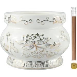 Ceramic Incense Burner Pot, Small Incense Bowl with Sticks and Brass Stand, Decorative Lotus Incense Holder Censer for Meditation Praying Buddha 4 Inch