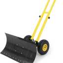 Snow Shovel with Wheels, 29W x 14H Back Saver Snow Pusher with Adjustable Double Rod, Rubber Wheels, Heavy-Duty Metal Plow Blade, 5-Position Adjustment for Driveway & Sidewalk, Black & Yellow