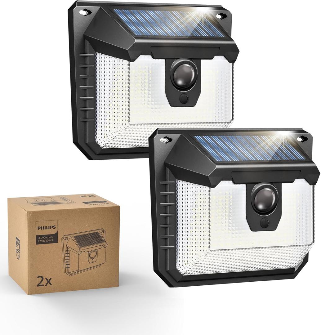 Philips Solar Lights Motion Sensor Outdoor, 120 LEDs Solar Powered Security Lights,3 Lighting Modes, Waterproof Wall Lights for Outside Yard Fence Garden Garage (5.24 inch)