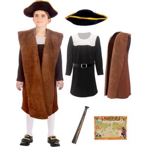 Kids Explorer Navigator Costume Set Boys Colonial Historical Role Play Outfit for Halloween Dress-Up L