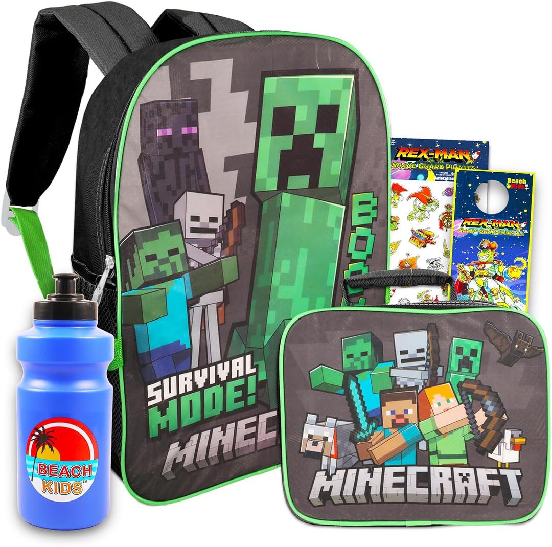 Minecraft Backpack and Lunch Box Set - School Supplies Bundle with Minecraft Backpack and Lunch Bag Plus Water Bottle, Stickers, More for Kids