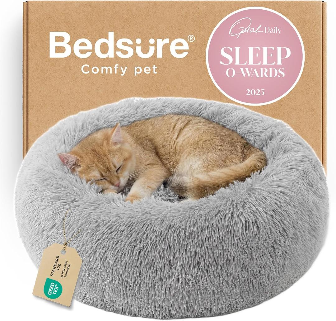 Bedsure Calming Cat Beds for Indoor Cats - Small Cat Bed Washable 20 inches, Anti-Slip Round Fluffy Plush Faux Fur Pet Bed, Fits up to 15 lbs Pets,  20"L x 20"W x 6"Th, Pale Grey