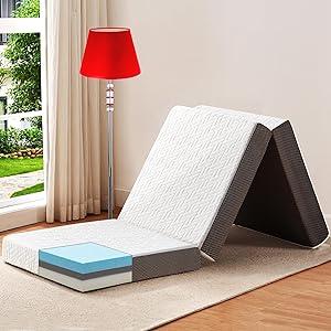 BedLuxury 4 Inch Tri Folding Mattress Twin Size with Storage Bag, Foldable Memory Foam Topper Portable Floor Guest Bed with Removable Cover