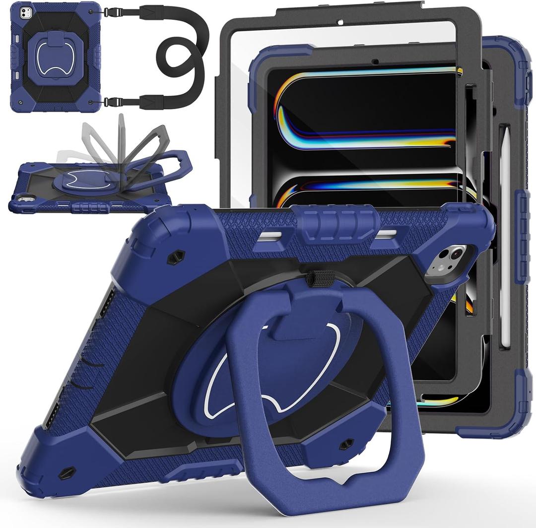 Case for iPad Pro 13 Inch M5 2025/ M4 2024, Ubearkk for iPad Pro 13 Inch case with Screen Protector, 360 Degree Rotating Stand Shoulder Strap Pencil Holder,Military Grade Shockproof, Navy Black