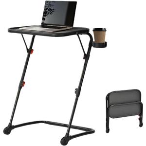 Homy Casa Adjustable Z Shaped TV Tray with Cup Holder, Small Sofa Side Table with Foldable Frame, Slide Under Couch Tray Desk for Living Room & Bedroom, Sturdy Metal Frame with PP Top, Black (Set of 1)