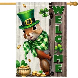 Spring St Patricks Day Garden Flag 12x18inch Double Sided Burlap The Squirrel Lucky Shamrock Garden Flags Happy St. Patrick's Day For Outdoor Yard Patio Lawn Decor,Green Hat with Clovers Gold Coin Pot Welcome Outside Decorations Banner (RMQ88D, 28"X40")