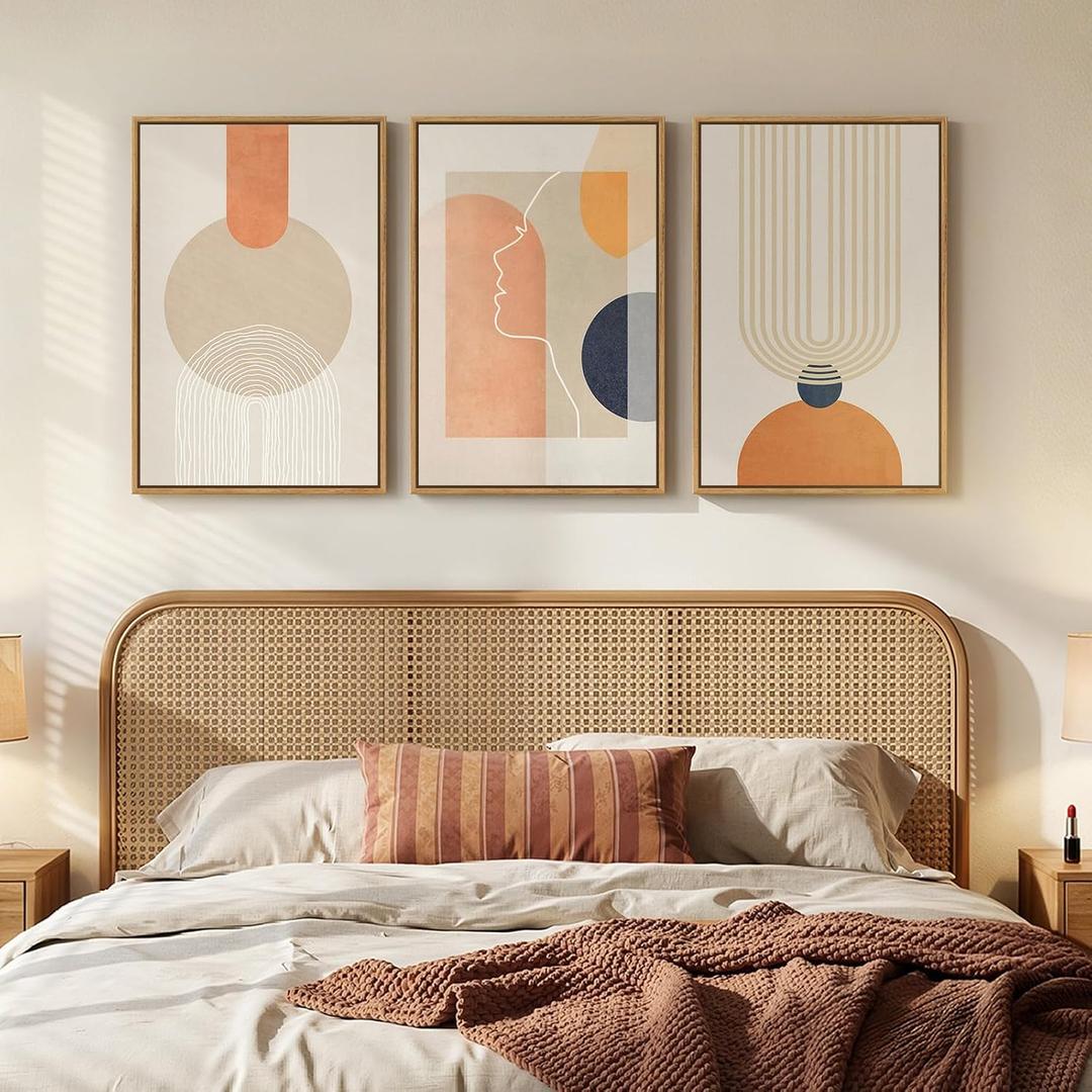3 Piece Framed Abstract Neutral Boho Canvas Wall Art Bedroom, 16x24 Inch, 24" H x 16" W x 3Pcs