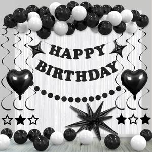Black Birthday Decorations for Boys Girls, Black White Party Decoration Including Banner, Circle Dot Garland, Fringe Curtain Background,Balloons Arch Kit for Men Women.