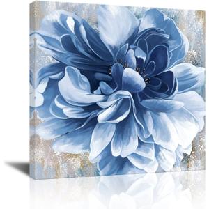 Blue Flower Wall Art,Navy Blue Floral Canvas Print Nature Scenery Wall Art for Living Room Bedroom Wall Painting Decoration Modern Artwork