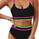 BMJL Women's High Waisted Bikini Ribbed Two Piece Swimsuit High Cut Color Block Adjustable Straps Bathing Suit L