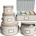 Hard Shell China Storage Containers  5 Piece Set for Storing Dinner Plates, Salad Plates, Mugs, Quilted Dividers for Safe Moving and Seasonal Storage, Beige