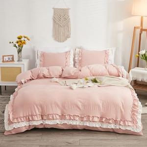 Jolusere Pink Ruffle Duvet Cover Queen Girls Shabby Chic Farmhouse Bedding Set 3Pcs 100% Washed Microfiber Duvet Cover Set Boho Vintage Ruffled Bedding with Zipper Closure & Corner Ties,2 Pillowcase