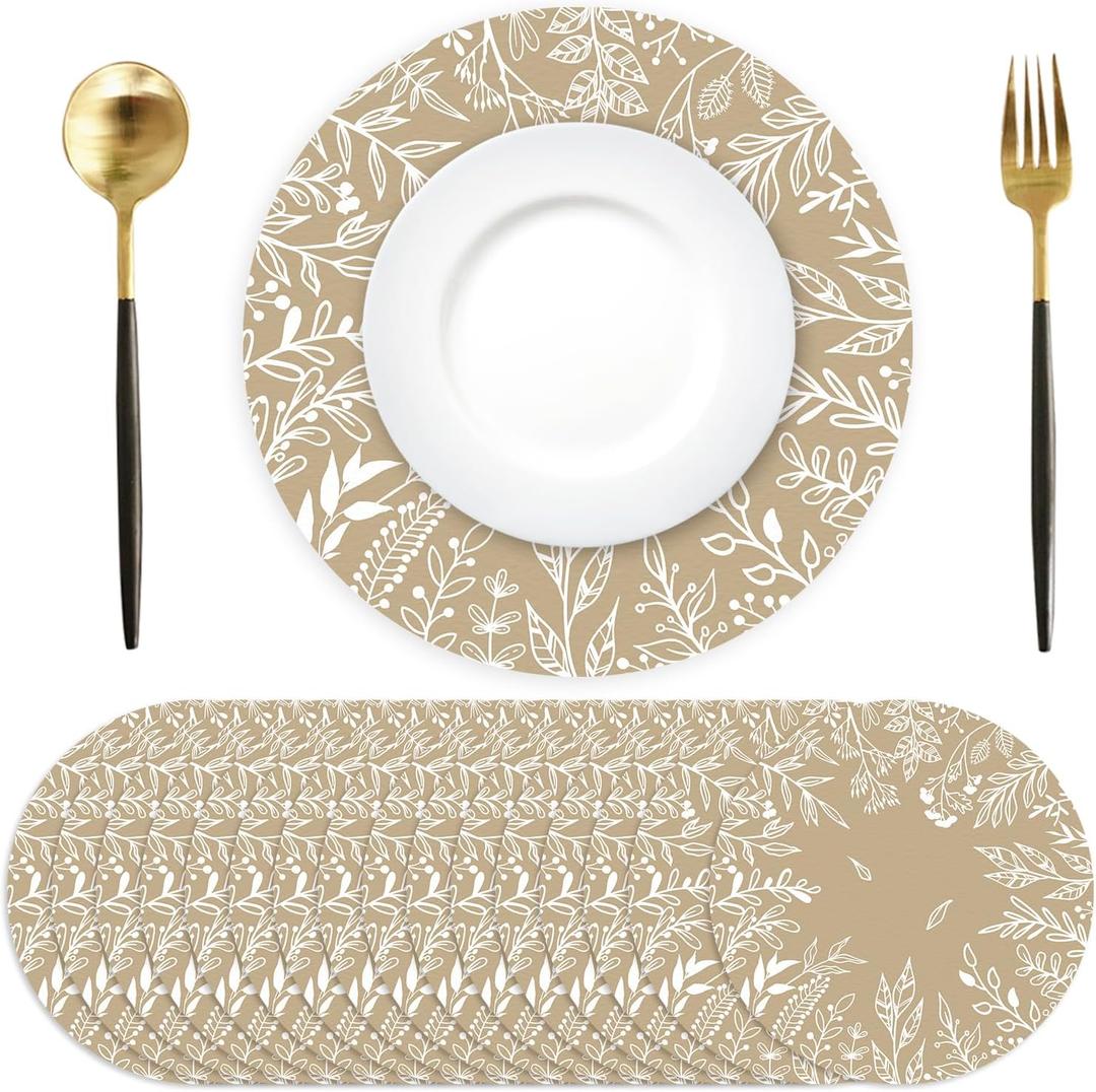 Beige Eucalyptus Leaves Paper Placemats Disposable 50 Pack Round Placemats 13 Inch Seasonal Table Mats for Dinner Table Setting Birthday Wedding Baby Shower Party Supplies