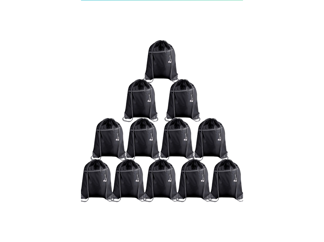 KUUQA 11Pcs Drawstring Backpack Bags Bulk with Zipper Pocket and Headphone Hole（Black）