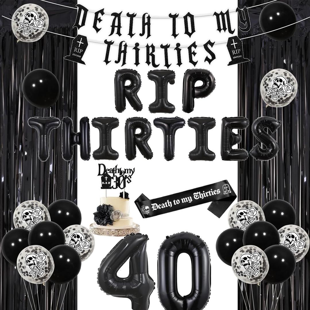 Funmemoir Death to My 30s Birthday Decorations - Banner, Sash, Rip to My 30s Cake Topper, Foil Fringe, Rip Thirties Foil Balloons, Gothic Funeral for My Youth 40th Birthday Decorations for Women