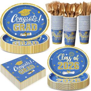 Pajean 350 Pcs Blue and Gold Graduation Decorations Class of 2026 Disposable 12 inch Oval Plates Napkins Heavy Duty Paper Oval Tableware Set for 50 Guests College High School Grad Party Supplies