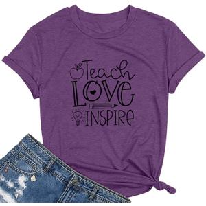 Teacher Woman T-Shirt Teach be Kind Teacher Summer Autumn Flowers Casual Short Sleeve T-Shirt (Purple, S)