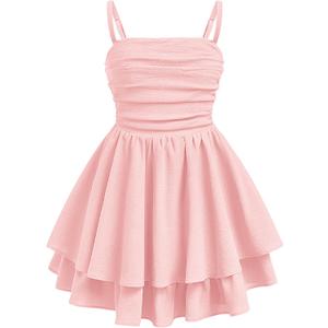 EXARUS Girls Holiday Dress Teen Ruched Ruffled Flowy Spaghetti Strap Dance Prom Formal Party Tween Cute Dresses 8-14Y (Pink)