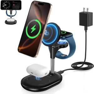 3 in 1 Wireless Charging Station for Apple MagSafe Charger, 15W Fast Qi-Certified Magnetic Mag-Safe Charger Stand for iPhone 16 15 14 13 12 Apple Watch AirPods, Adjustable Angle,Gifts for Men (Black)