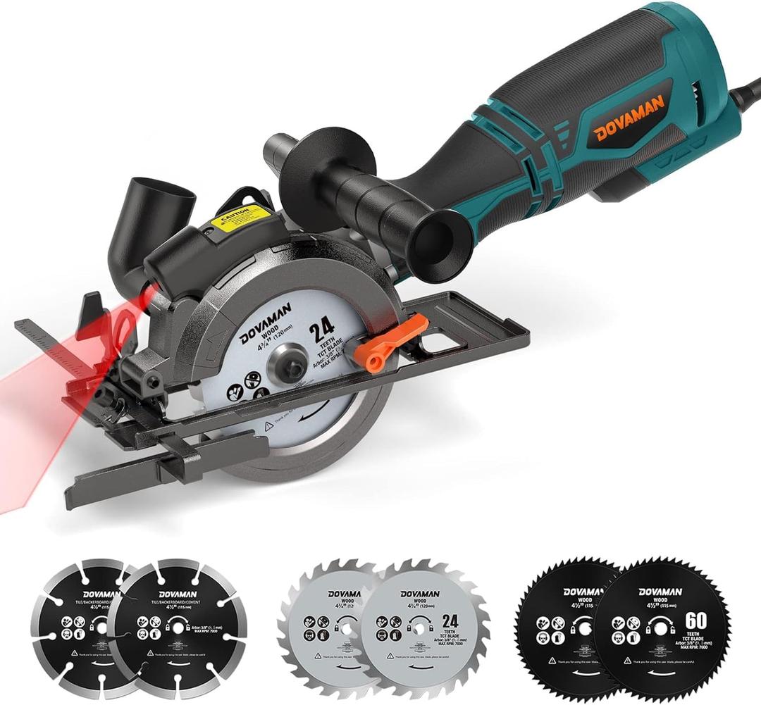 DOVAMAN Circular Saw, 5.8A 4-1/2" Circular Saw w/Laser, Metal Auxiliary Handle, 6 Blades (4", 4"), Cutting Depth 1-11/16" (90), 1-3/8" (45), Ideal for Wood, Soft Metal, Plastic, Tile - MCS01A