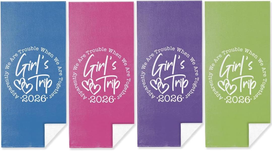 4 Pack Girls Trip Gifts Favors 2026 Beach Towel, Microfiber Oversized Swim Towels Friendship Girls Weekend Gifts for Women Sister Beach Accessories Necessities for Pool Camping Travel 32x71 inch