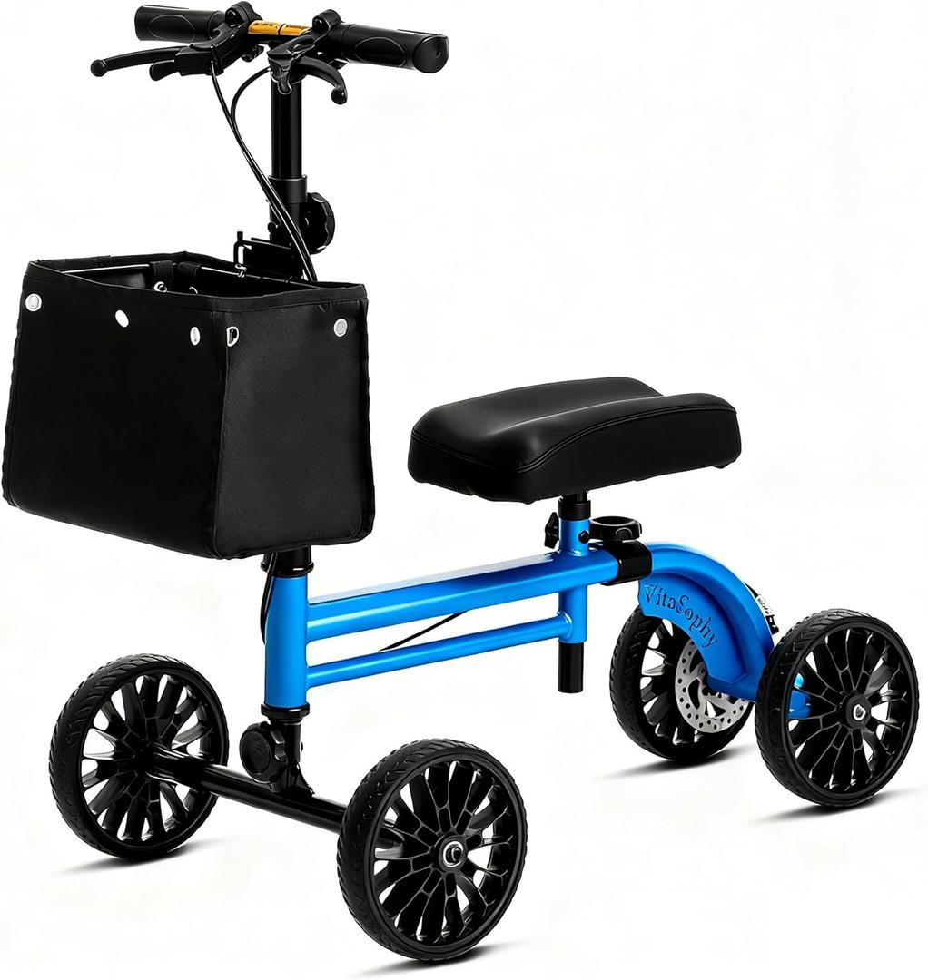 Knee Scooter with Disc Brake, Steerable Knee Walker for Adults,Foldable Rover Scooter for Broken Foot Injured Leg Crutch,Blue