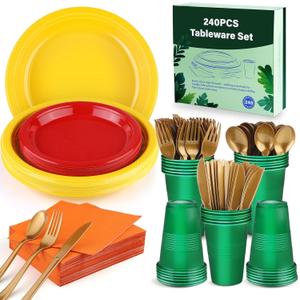 Kochorie 240 Pieces Plastic Dinnerware Set Disposable Heavy Duty Plates Napkins Cups and Silverware Dessert Dinner Plates for Birthday Wedding Thanksgiving Party Supplies, Serves 30 Guests (Yellow, Green, Orange, Deep Red)