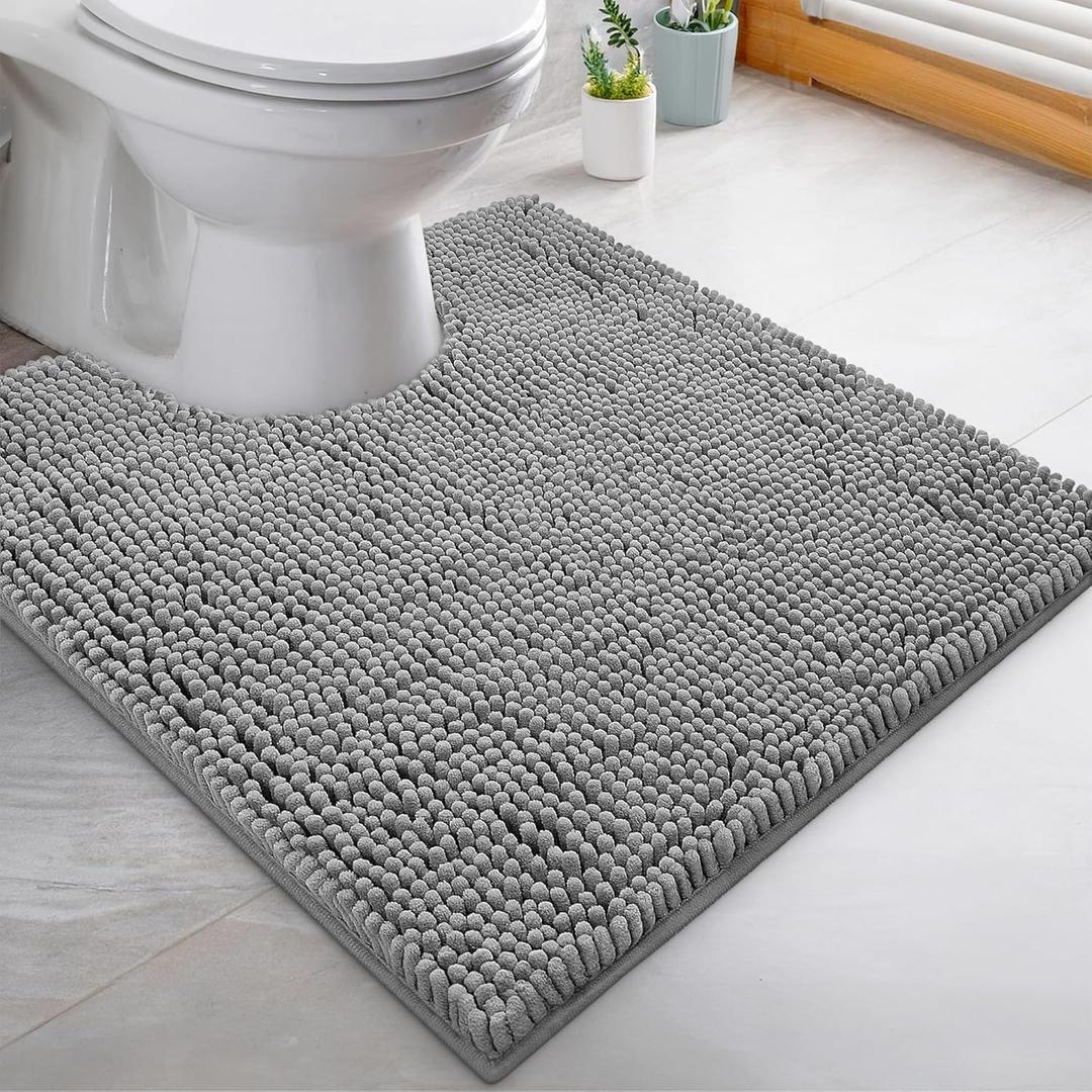 LuxUrux Toilet Rugs U Shaped Washable, Bathroom Toilet Mat, Extra-Soft Plush Bath Bathroom Rug,1'' Chenille Microfiber Material, Super Absorbent Shaggy Machine Wash & Dry (20 x 20 inch, Light Grey)