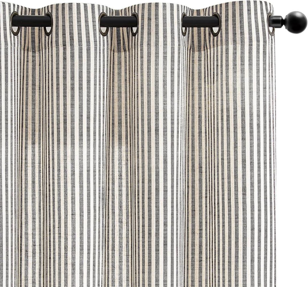 Vangao Linen Stripe Black Curtains Tickingstripe Light Filtering Window Curtains Pinstripe Printed on Beige Drapes 96 Inches Long for Living Room Bedroom Dorm 2 Panels, 50"W x 96"L