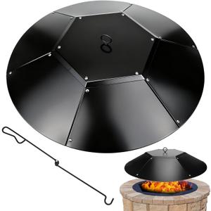 28 inch Fire Pit Lid Round,Metal Fire Pit Lid with Handle & Poker Fits for Fire Pits up to 26",Outdoor Firepit Lids Heavy Duty for Firepit Replacement Kit Accessory-Black