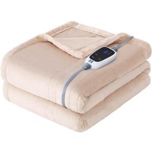 Sealy Electric Blanket Heated Throw, Soft Flannel Heated Blanket with 6 Heating Settings & 2-10 Hours Auto Shut Off, Fast Heating & Machine Washable, 50x60 Inch, Beige
