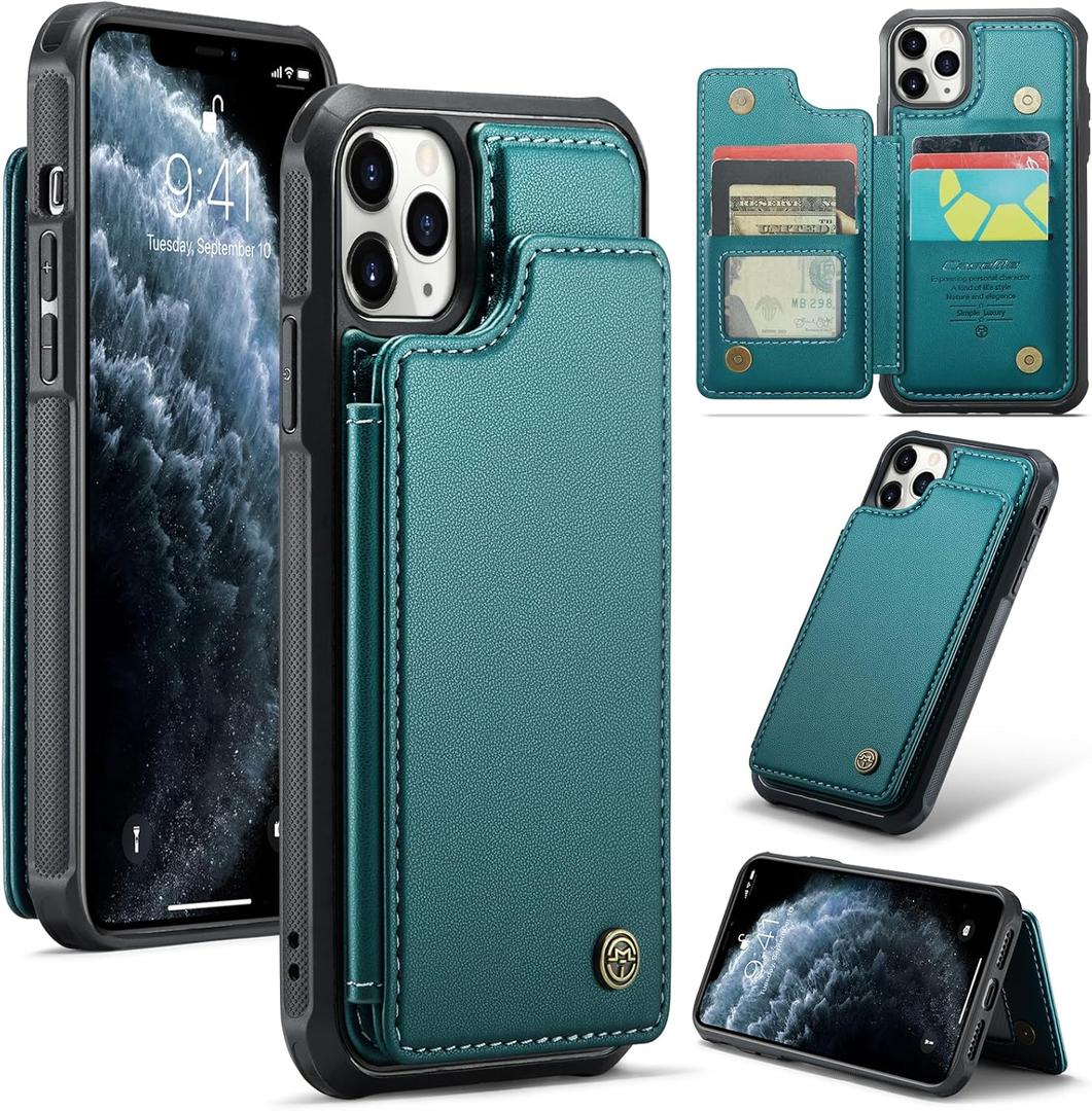 Bemal for iPhone 11 Pro Max Wallet Case with Card Holder, RFID Blocking, Shockproof Leather Kickstand for Men and Women, Durable Protective Phone Cover for 6.5", Bluish Green