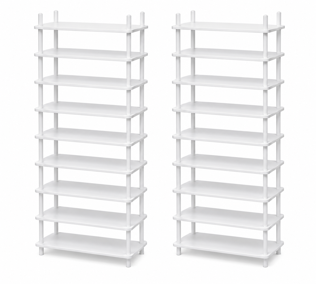 Vertical Tall Shoe Rack Organizer for Entryway -8 Tier Free Standing Slim Narrow Bamboo Wood Corner Stackable Shoe Boots Storage Stand Small Spaces for Closet Garage Cloakroom Living Room (White), Set Of 2