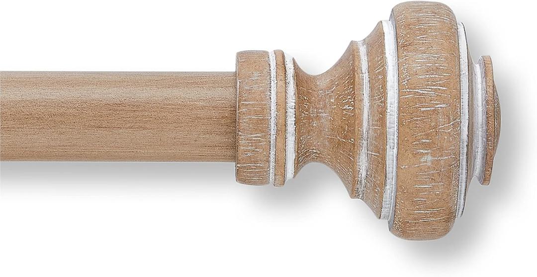 MODE Farmhouse Collection 1 1/8" Diameter Curtain Rod Set with Porch Doorknob Curtain Rod Finials and Steel Wall Mounted Adjustable Curtain Rod, Fits 72 to 144 Windows, Weathered Oak