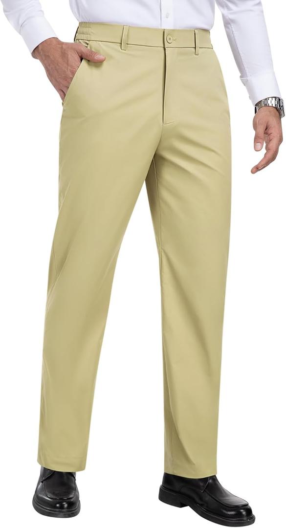 Mens Slacks Straight Fit Golf Pants Elastic Waist Dress Pants Lightweight Stretch Casual Business Work with 5 Pockets (Beige, XXXL)