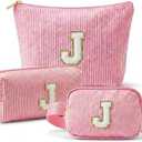 Personalized Initial Makeup Bag Set, 3pcs Monogram Makeup Bag with Large & Small Pouch and Waist Bag, Initial Makeup Bag Organizer for Travel, Luggage, Daily Use and Cute Gifts (J)